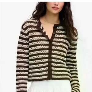 Madewell Open Stitch Crewneck Sweater Cardigan Sand Stripe XS NWOT